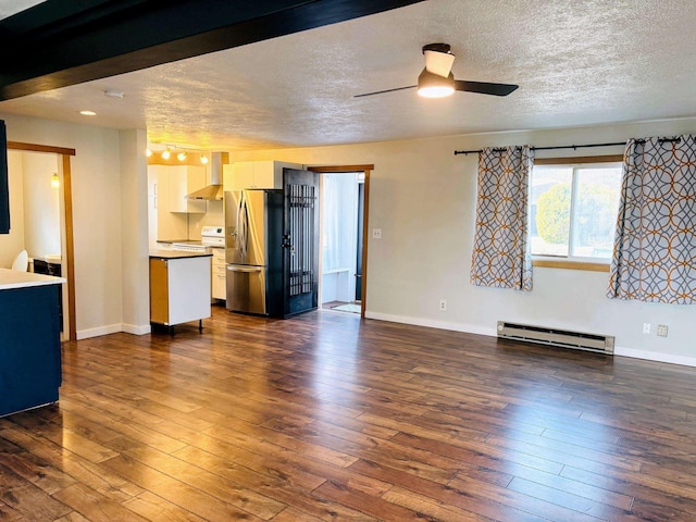 unfurnished living room featuring a baseboard radiator, baseboards, a textured ceiling, and dark wood-style flooring