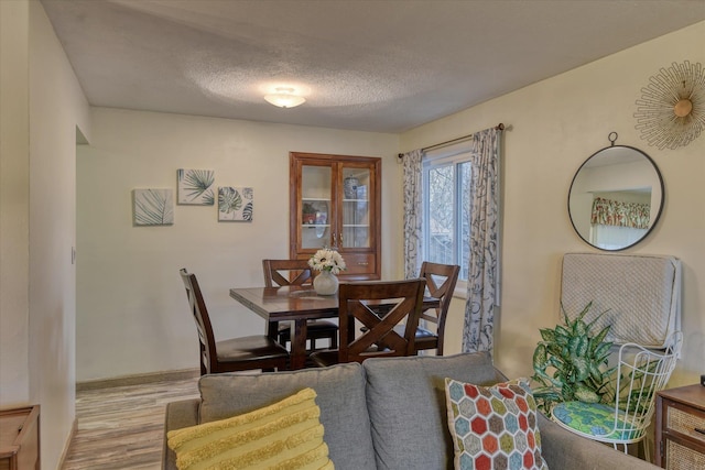 dining room featuring wood finished floors, baseboards, and a textured ceiling