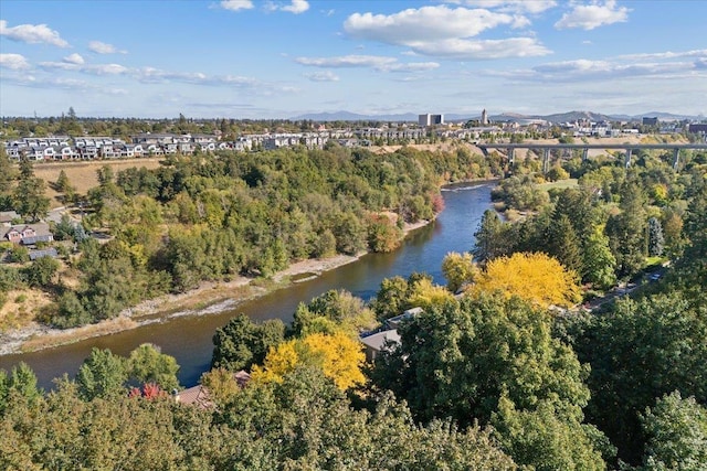 drone / aerial view featuring a forest view and a water view