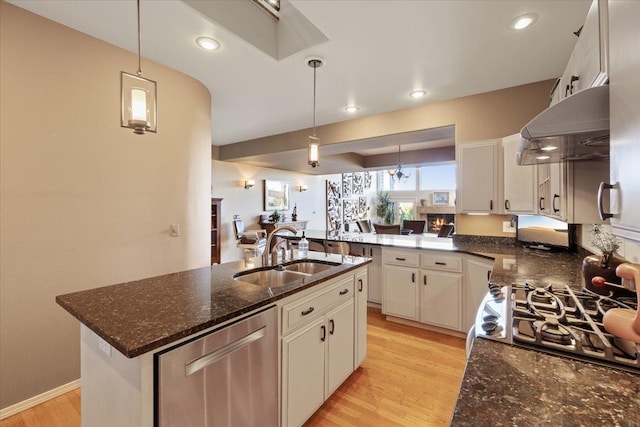 kitchen featuring under cabinet range hood, dishwasher, light wood-style flooring, white cabinetry, and a sink