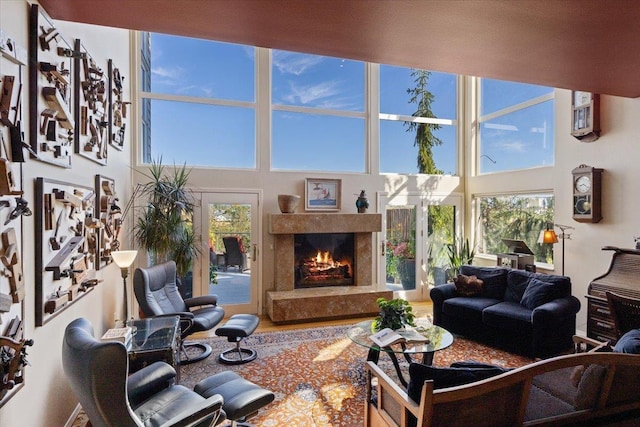 living area featuring a high ceiling and a premium fireplace