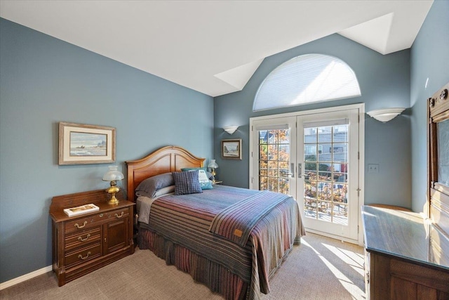 bedroom with baseboards, vaulted ceiling, french doors, access to outside, and light colored carpet