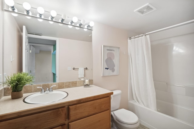 bathroom with visible vents, shower / bath combination with curtain, toilet, and vanity