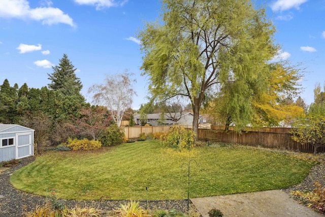 view of yard featuring an outbuilding, a storage unit, and fence private yard