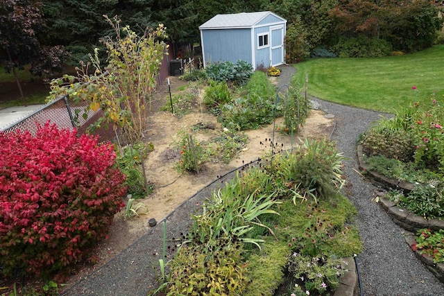 view of yard featuring a storage shed, an outdoor structure, a garden, and fence