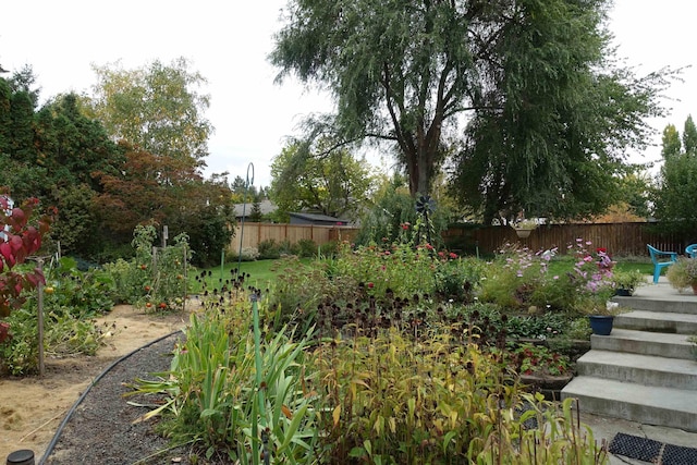 view of yard with a fenced backyard and a garden