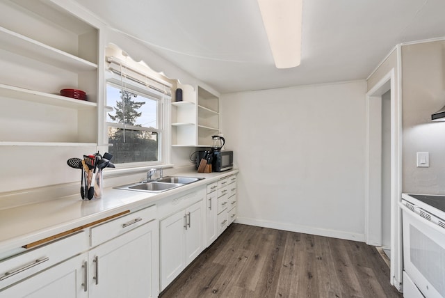 kitchen with a sink, open shelves, white range with electric stovetop, white cabinets, and dark wood-style flooring