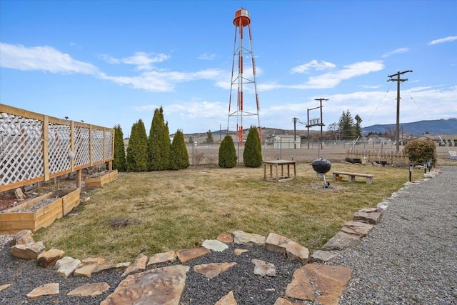 view of yard featuring a vegetable garden and fence