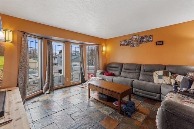 living room featuring stone tile flooring, visible vents, and a textured ceiling