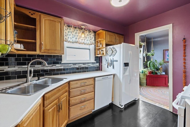 kitchen featuring white appliances, open shelves, a sink, light countertops, and backsplash