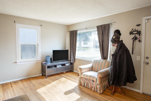 living area featuring baseboards, a textured ceiling, and wood finished floors