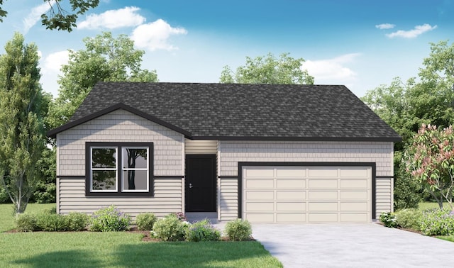 view of front of home with a front lawn, an attached garage, driveway, and a shingled roof