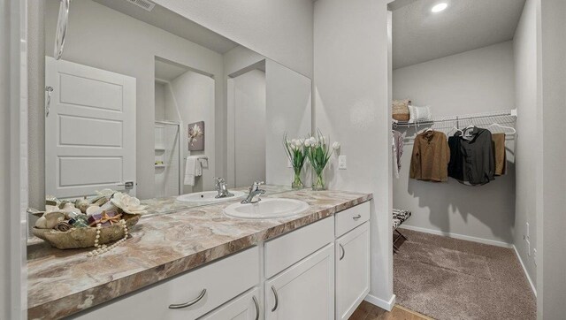 bathroom featuring vanity, a walk in closet, and baseboards