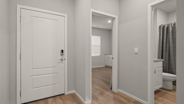 foyer entrance featuring baseboards and wood finished floors