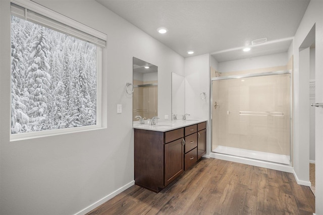 bathroom featuring a shower stall, wood finished floors, and a sink