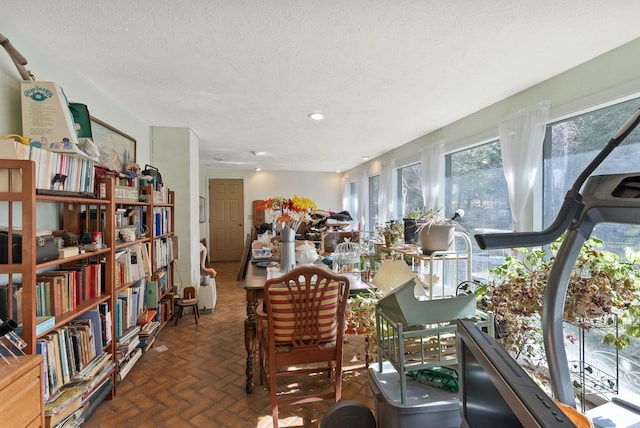 miscellaneous room featuring brick floor and a textured ceiling