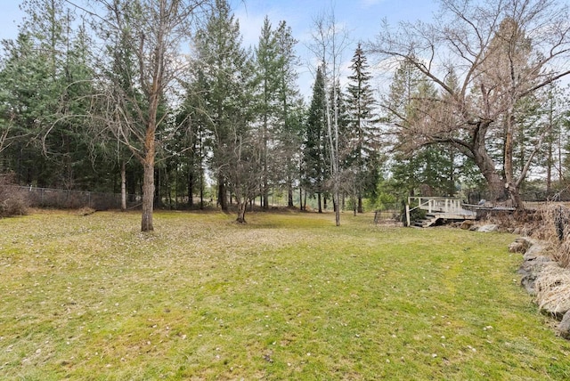 view of yard with fence and a wooden deck