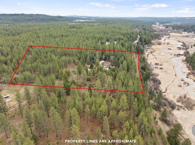 birds eye view of property featuring a view of trees