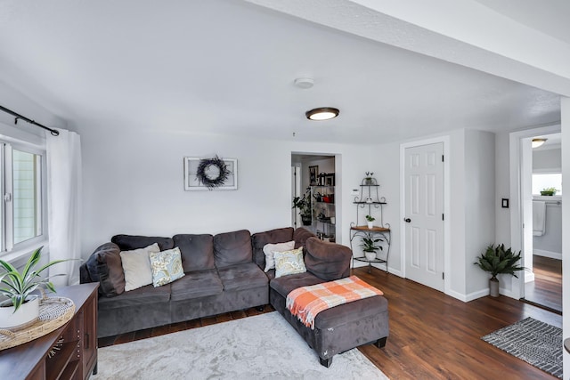 living area with baseboards and wood finished floors