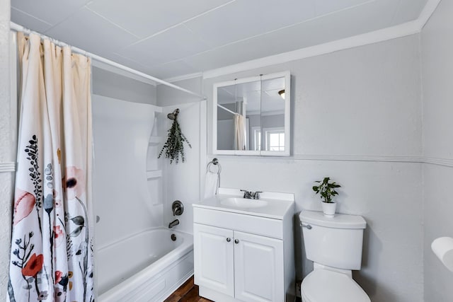 full bath featuring toilet, vanity, and shower / bathtub combination with curtain