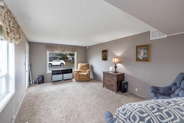 bedroom featuring multiple windows, carpet, visible vents, and a textured ceiling