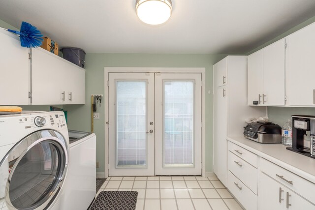 laundry room with french doors, cabinet space, separate washer and dryer, light tile patterned floors, and baseboards