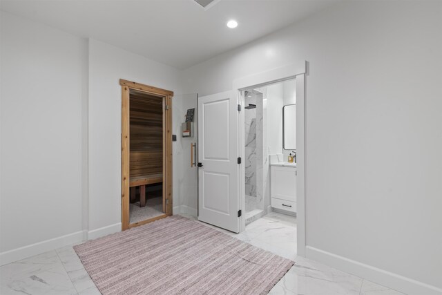 full bath featuring visible vents, toilet, marble finish floor, recessed lighting, and vanity