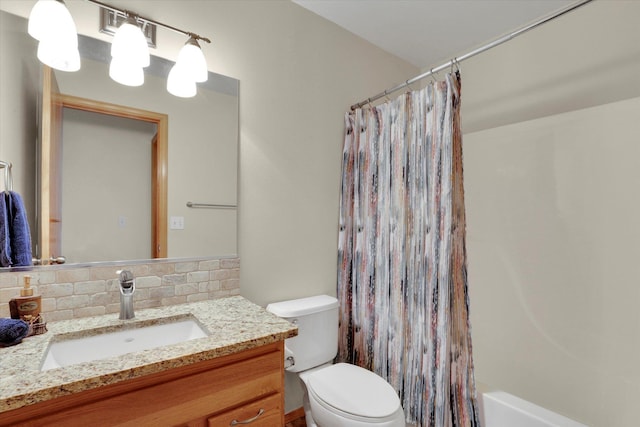 bathroom with vanity, shower / bathtub combination with curtain, visible vents, toilet, and backsplash