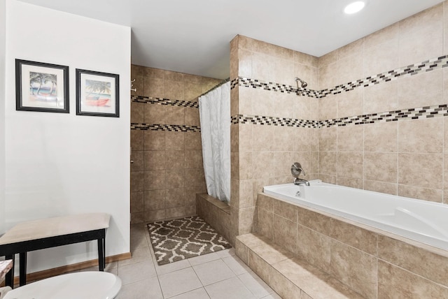 full bath featuring tiled bath, tile patterned floors, and tiled shower