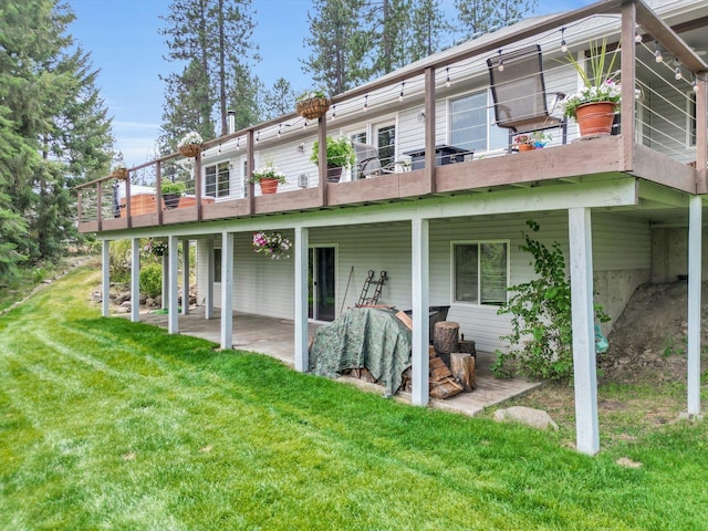 rear view of property with a patio area and a lawn