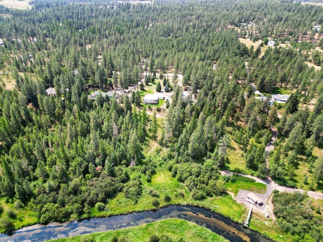 bird's eye view with a water view and a wooded view