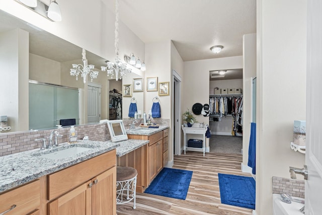 bathroom featuring wood finished floors, two vanities, a sink, a shower stall, and backsplash