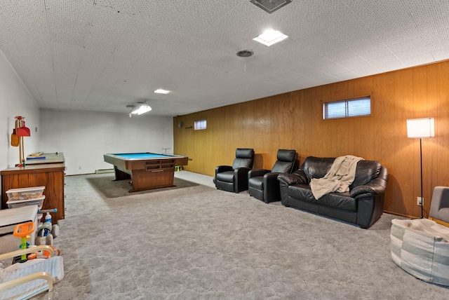 playroom featuring visible vents, billiards, wood walls, and carpet flooring