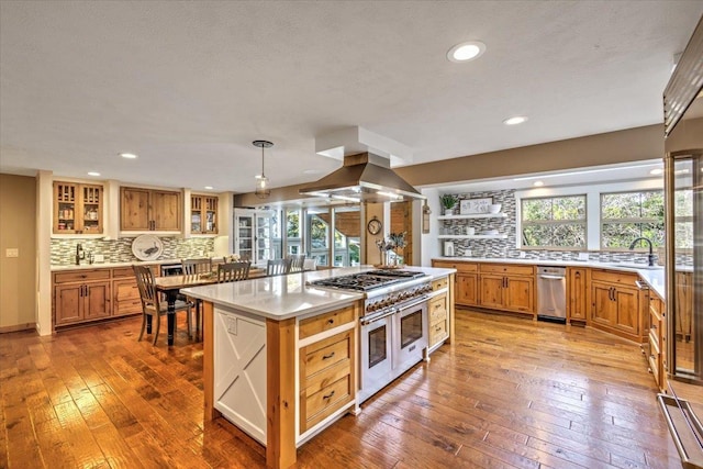 kitchen featuring double oven range, wood-type flooring, decorative backsplash, and island range hood