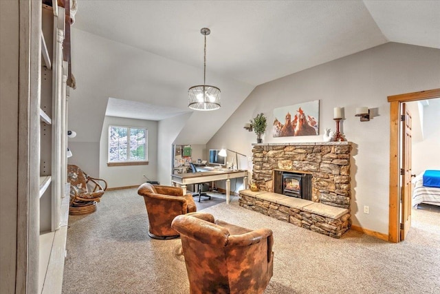 living room featuring a stone fireplace, vaulted ceiling, baseboards, and carpet floors