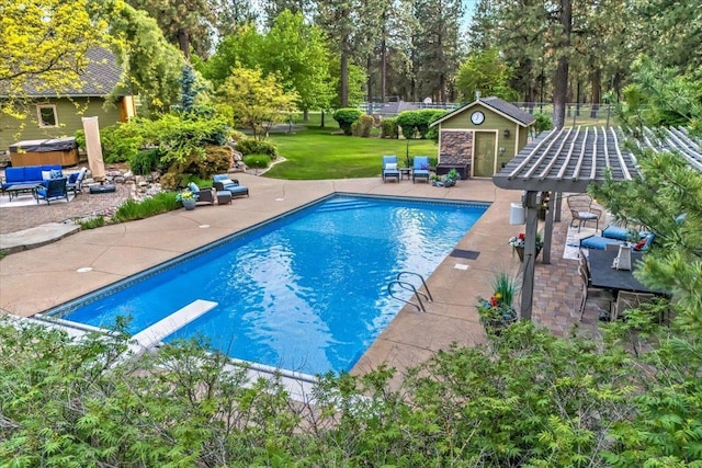 pool featuring an outbuilding, a lawn, an exterior structure, a patio area, and a hot tub