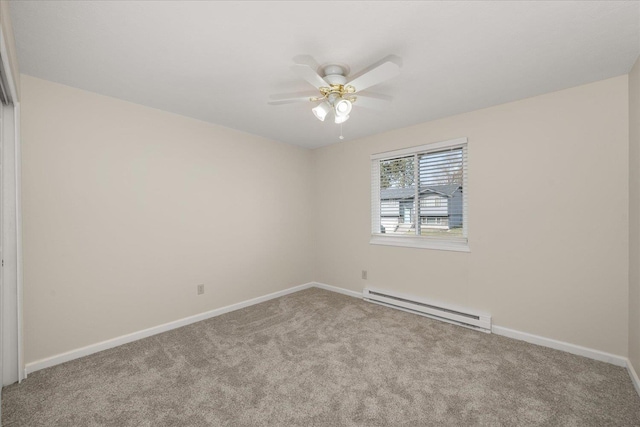 empty room featuring a ceiling fan, carpet, baseboards, and baseboard heating