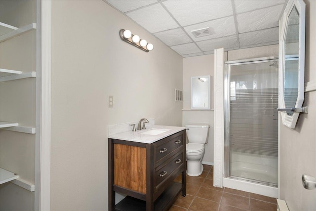 full bath with tile patterned flooring, visible vents, a stall shower, and toilet