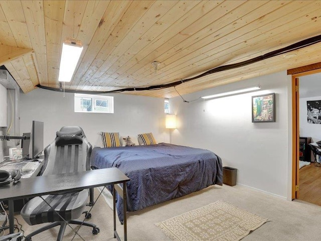 bedroom with carpet and wood ceiling