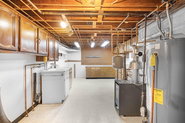 unfinished basement with water heater, a heating unit, and a sink