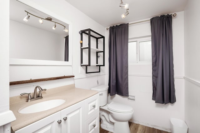 bathroom featuring toilet, vanity, and wood finished floors