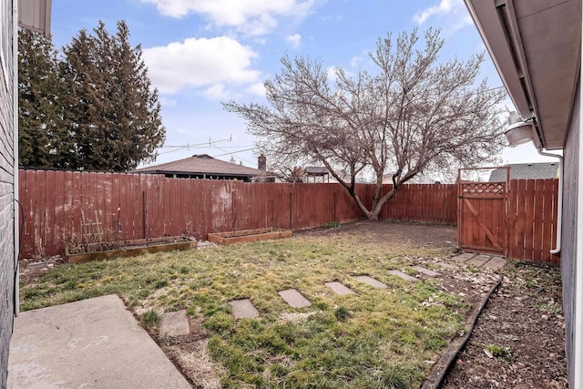 view of yard with a vegetable garden and a fenced backyard