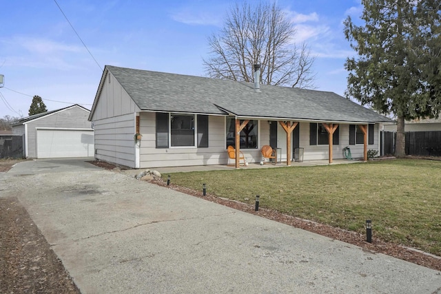 ranch-style home featuring a front lawn, a detached garage, a porch, an outdoor structure, and a shingled roof