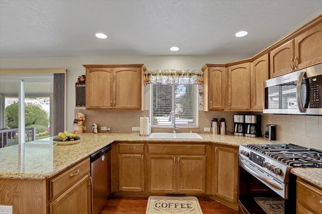 kitchen featuring a peninsula, plenty of natural light, appliances with stainless steel finishes, and a sink