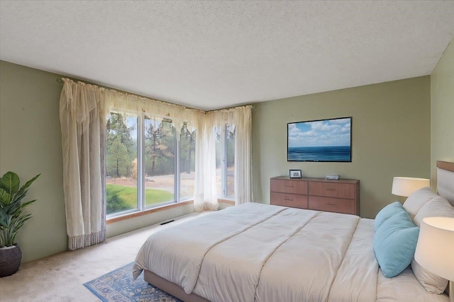 bedroom with a textured ceiling and carpet flooring