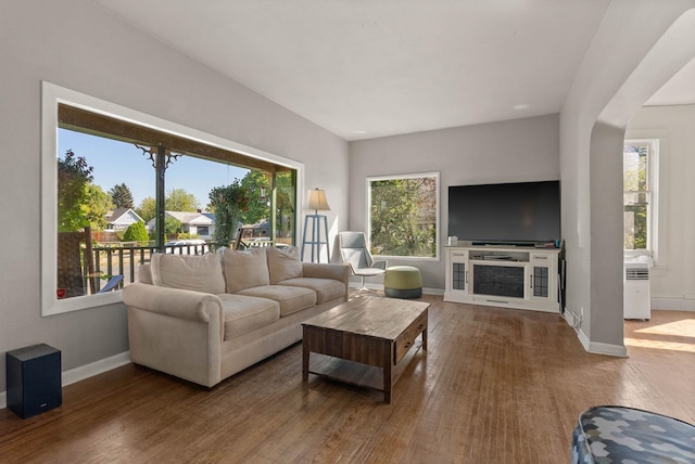 living area featuring baseboards and wood finished floors