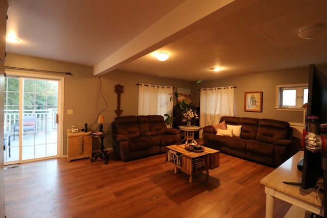 living room with beam ceiling, plenty of natural light, and wood finished floors