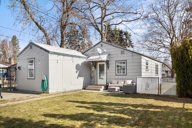 exterior space featuring an outdoor living space, a yard, fence, and a patio