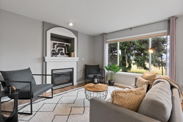 living room with a glass covered fireplace, light wood-style floors, and baseboards