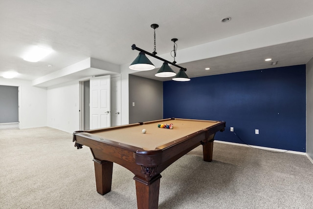 game room featuring pool table, recessed lighting, carpet, and baseboards